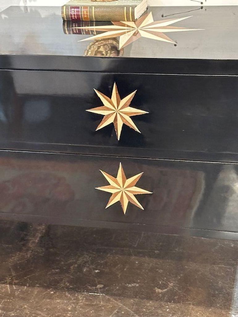 Italian Pair of Black Lacquered Chests with Inlaid Star Pattern For Sale