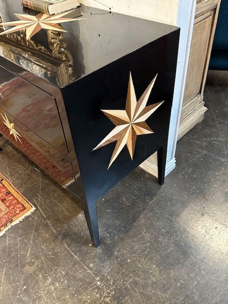 Contemporary Pair of Black Lacquered Chests with Inlaid Star Pattern For Sale