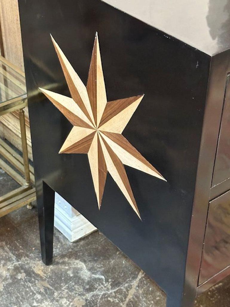 Pair of Black Lacquered Chests with Inlaid Star Pattern For Sale 1