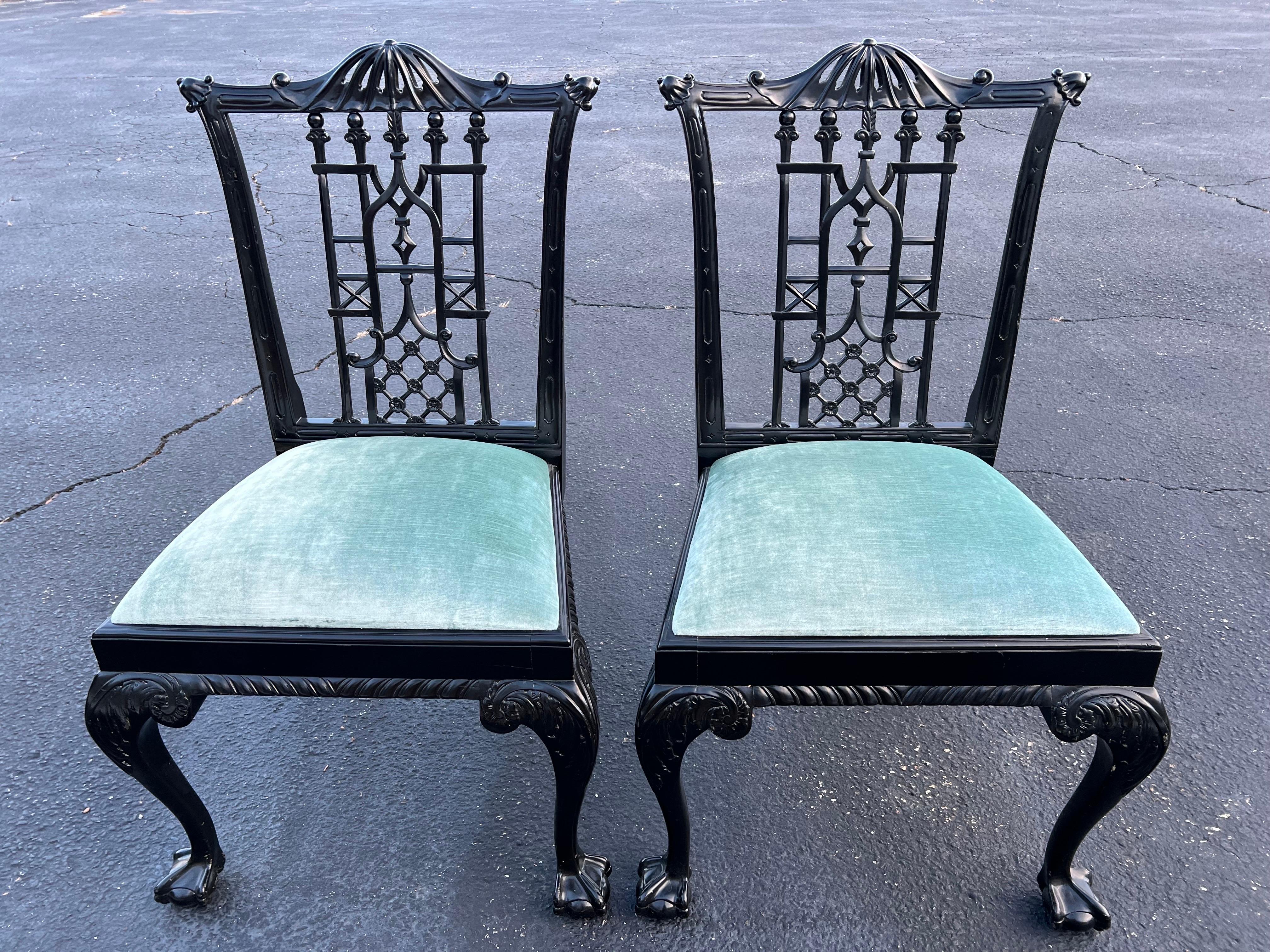 Pair of Black Lacquered Chinoiserie Chairs  In Good Condition For Sale In Redding, CT