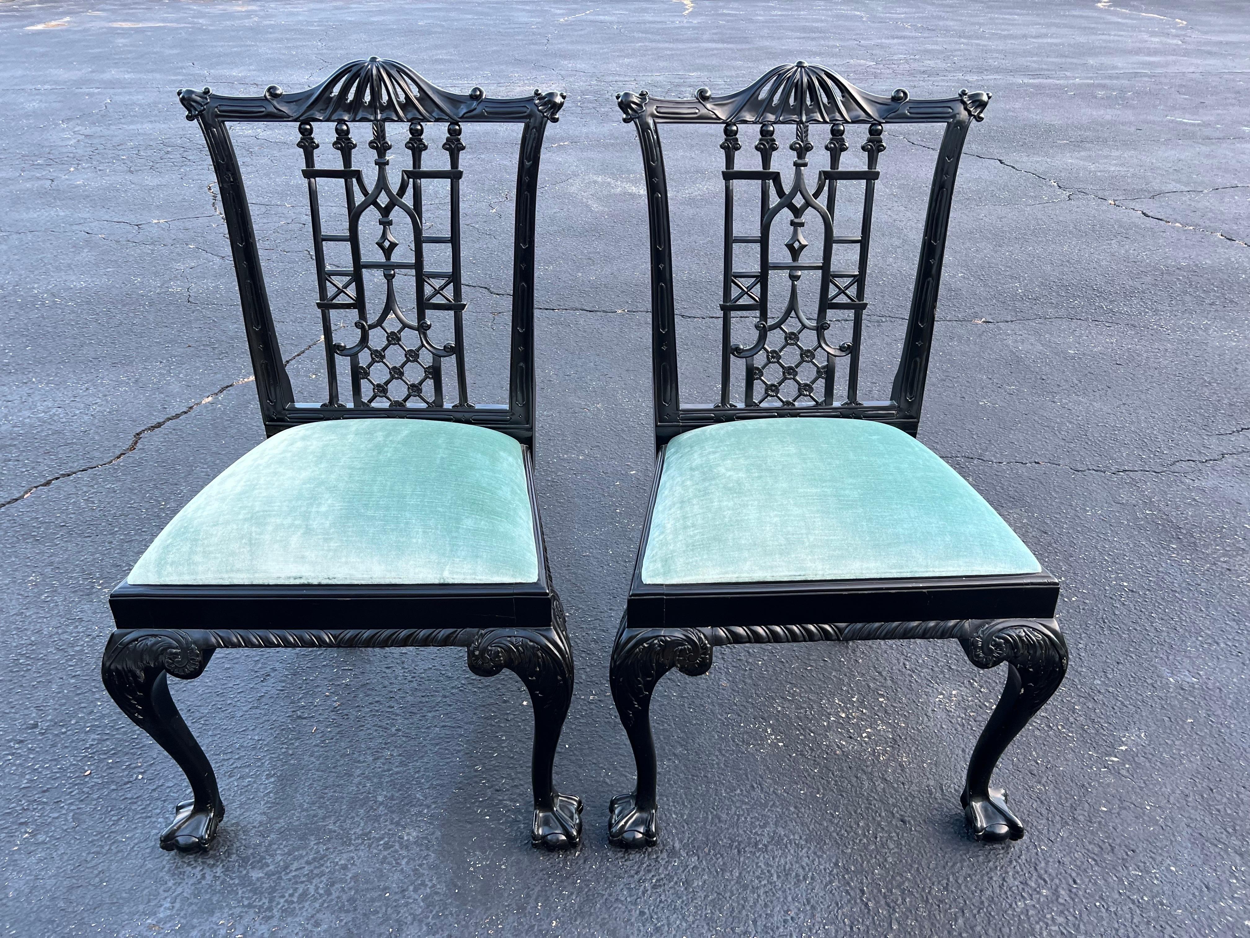Contemporary Pair of Black Lacquered Chinoiserie Chairs  For Sale