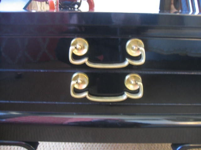 Newly lacquered Asian influenced side tables by Grosfeld House. Hardware newly refinished. One-drawer.