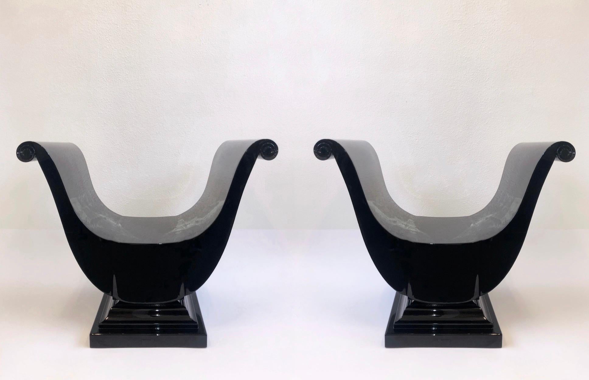 Pair of Black Lacquered Harlow Throne Chairs by Blackman Cruz For Sale 2