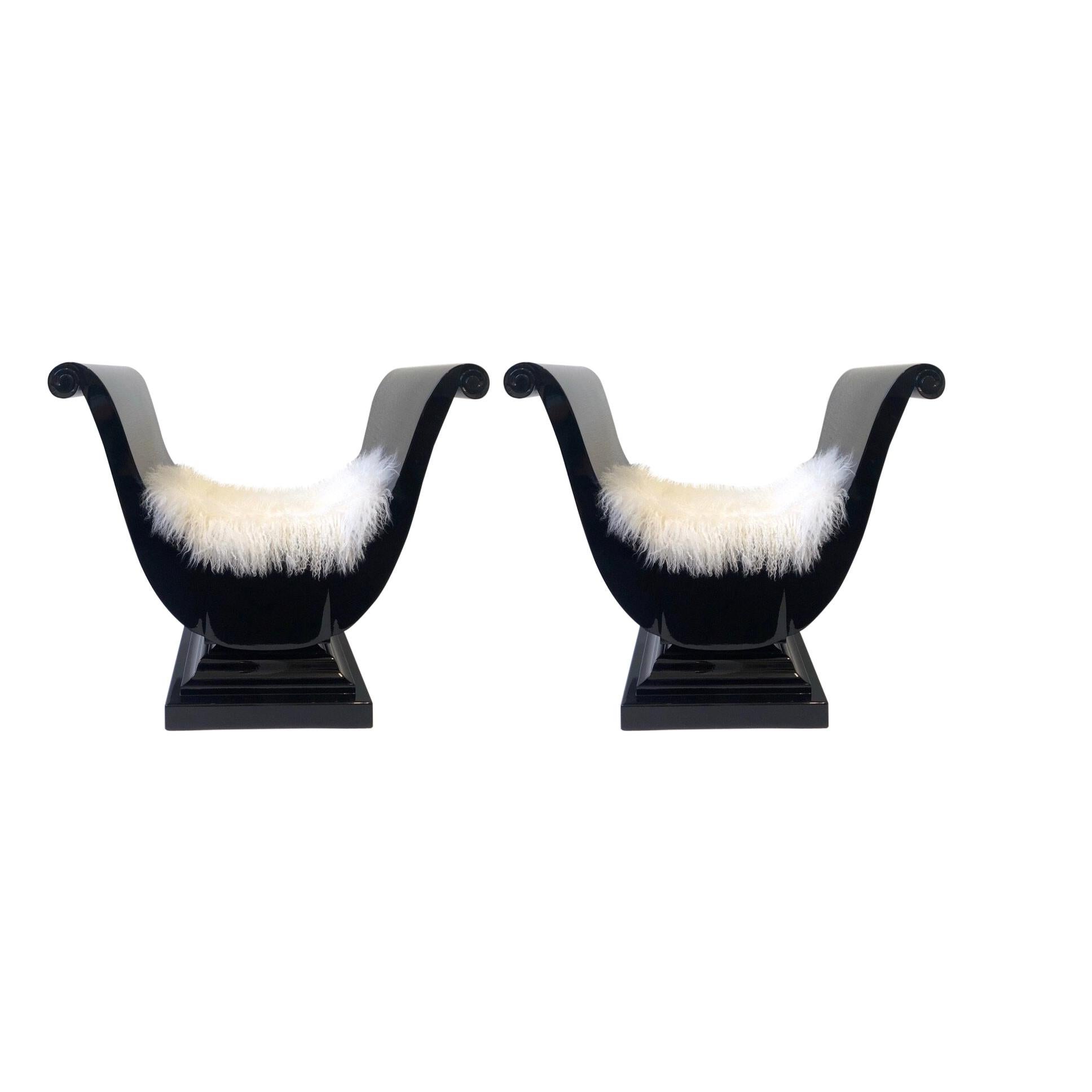 Pair of Black Lacquered Harlow Throne Chairs by Blackman Cruz