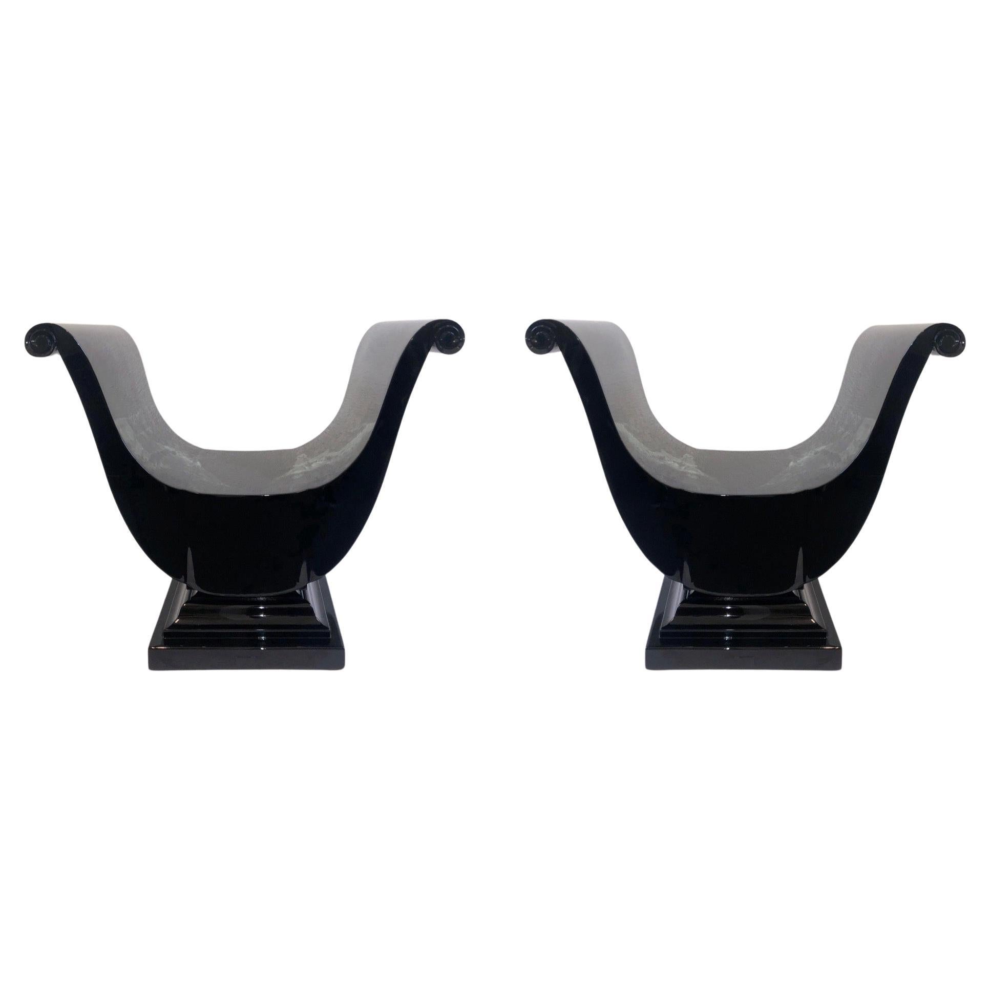 Pair of Black Lacquered Harlow Throne Chairs by Blackman Cruz For Sale