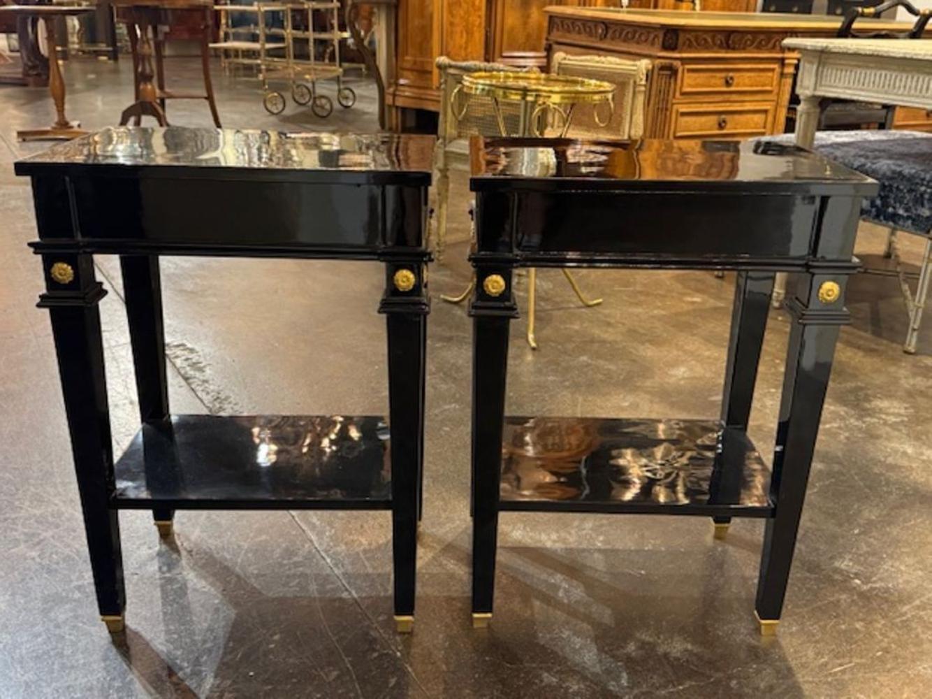Pair of Black Lacquered Jansen Manner Side Tables In Good Condition For Sale In Dallas, TX