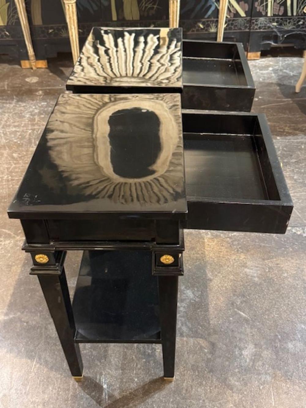 Contemporary Pair of Black Lacquered Jansen Manner Side Tables For Sale