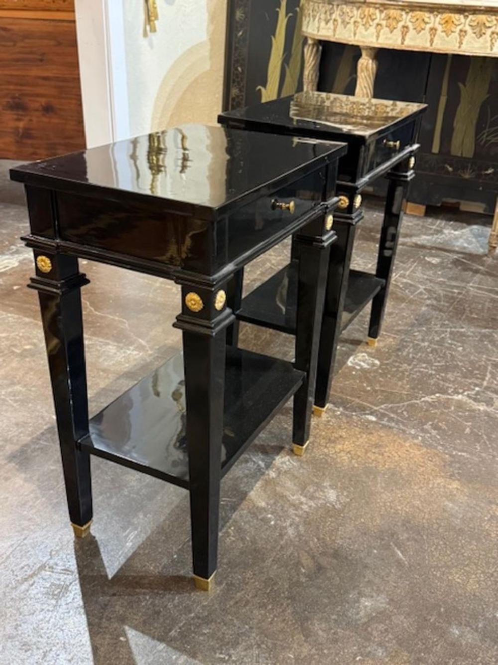 Brass Pair of Black Lacquered Jansen Manner Side Tables For Sale