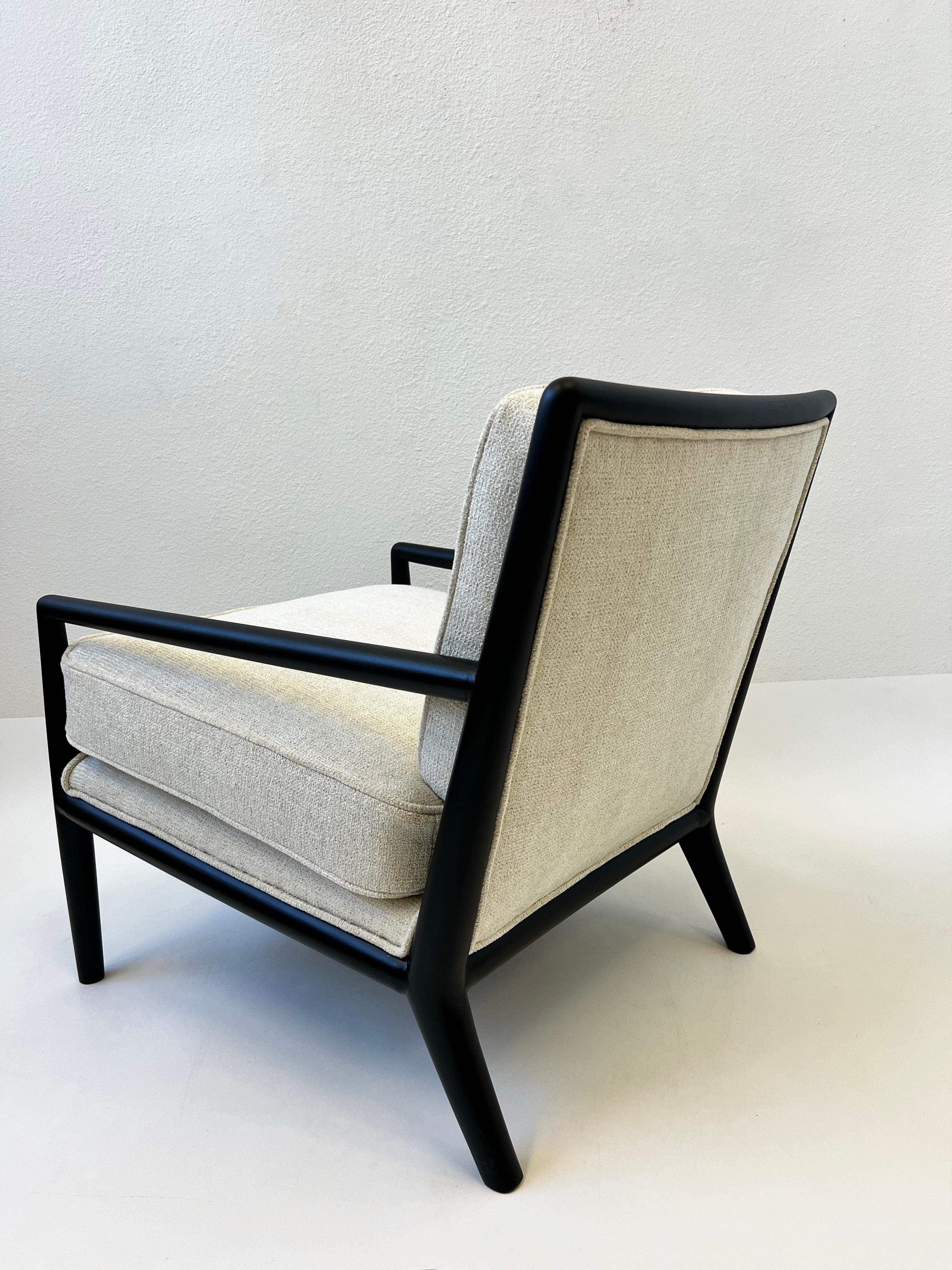 Fabric Pair of Black Lacquered Lounge Chairs by Harry Burger of Hollywood For Sale