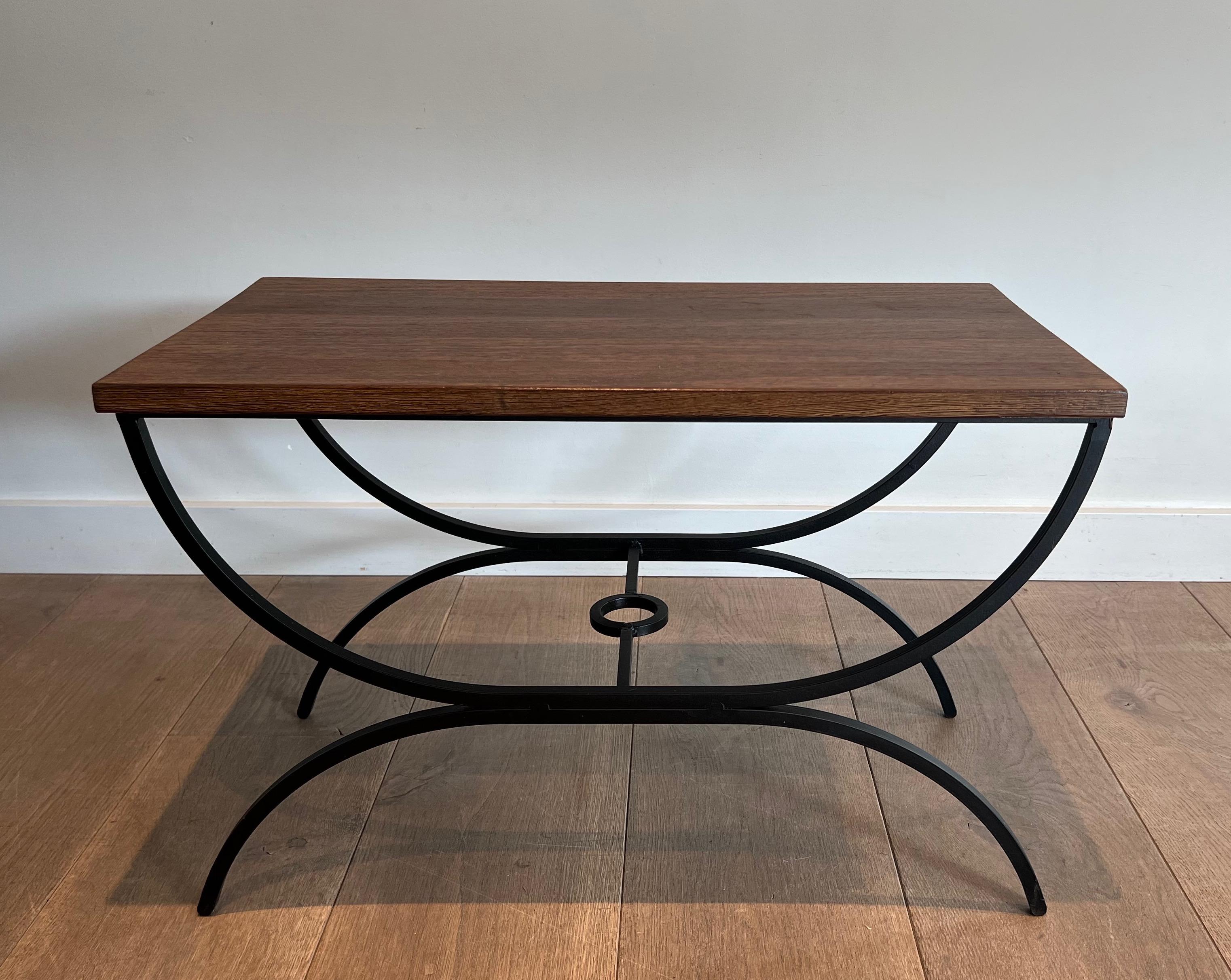 French Pair of Black Lacquered Metal and Exotic Wood Side Tables For Sale