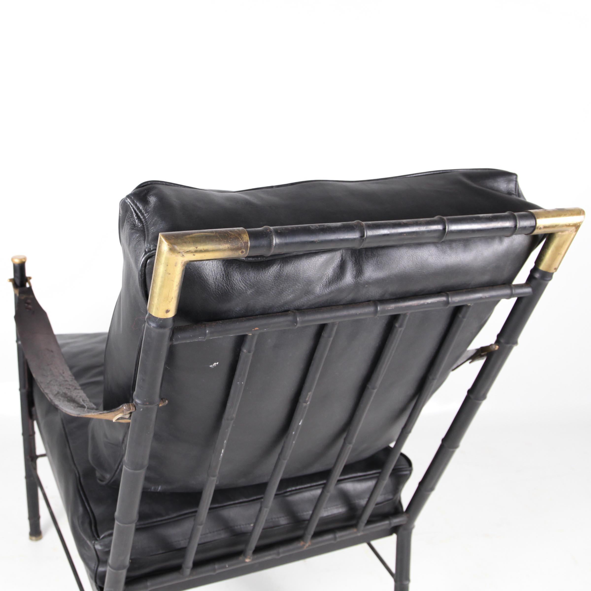 19th Century Pair of black faux bamboo lacquered metal armchairs in brass, leather cushions 