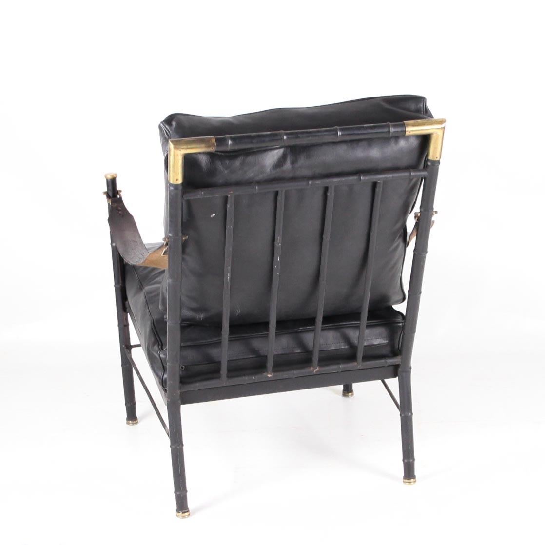 Pair of black faux bamboo lacquered metal armchairs in brass, leather cushions  2