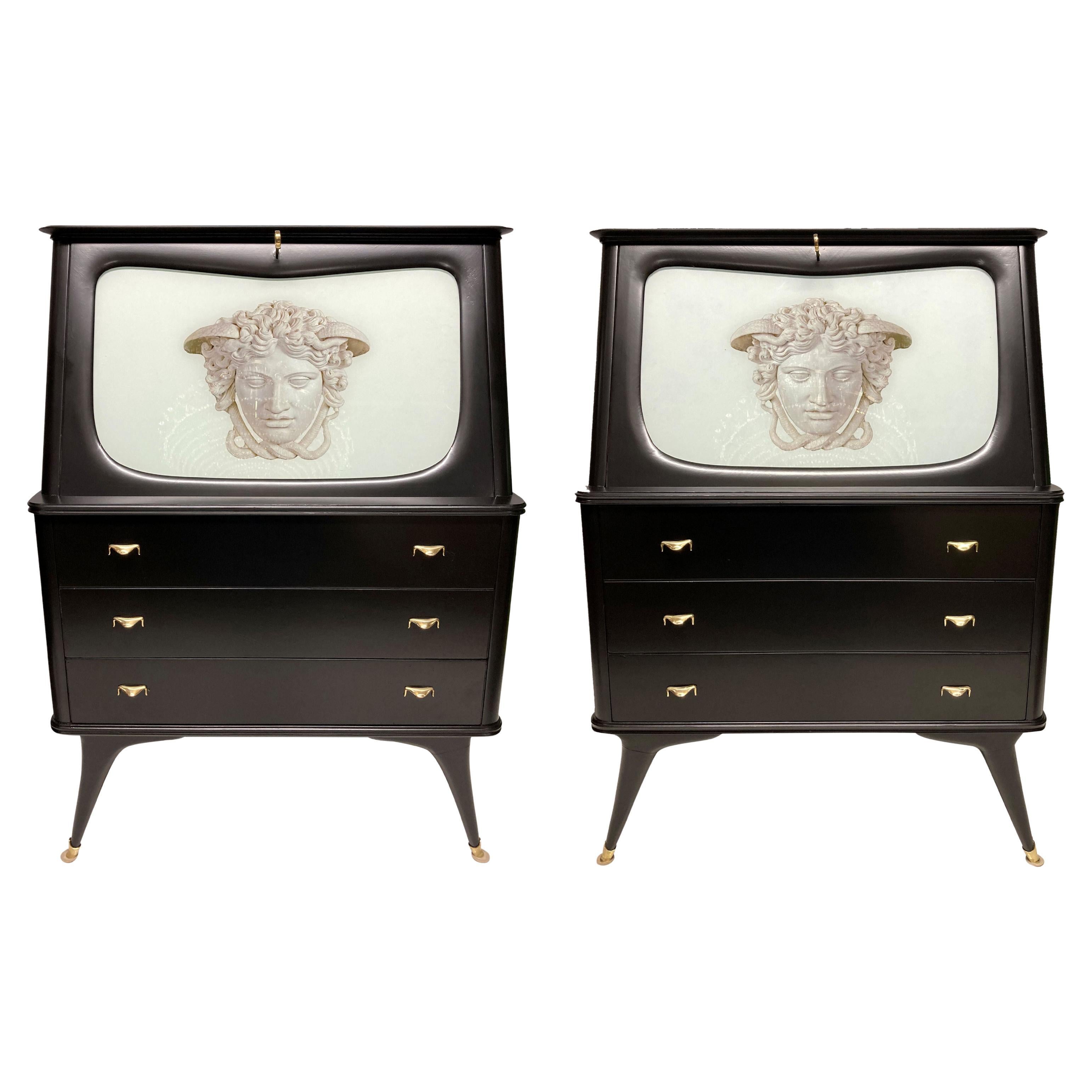 Pair of Black Lacquered Midcentury Secretaires by Paolo Buffa For Sale