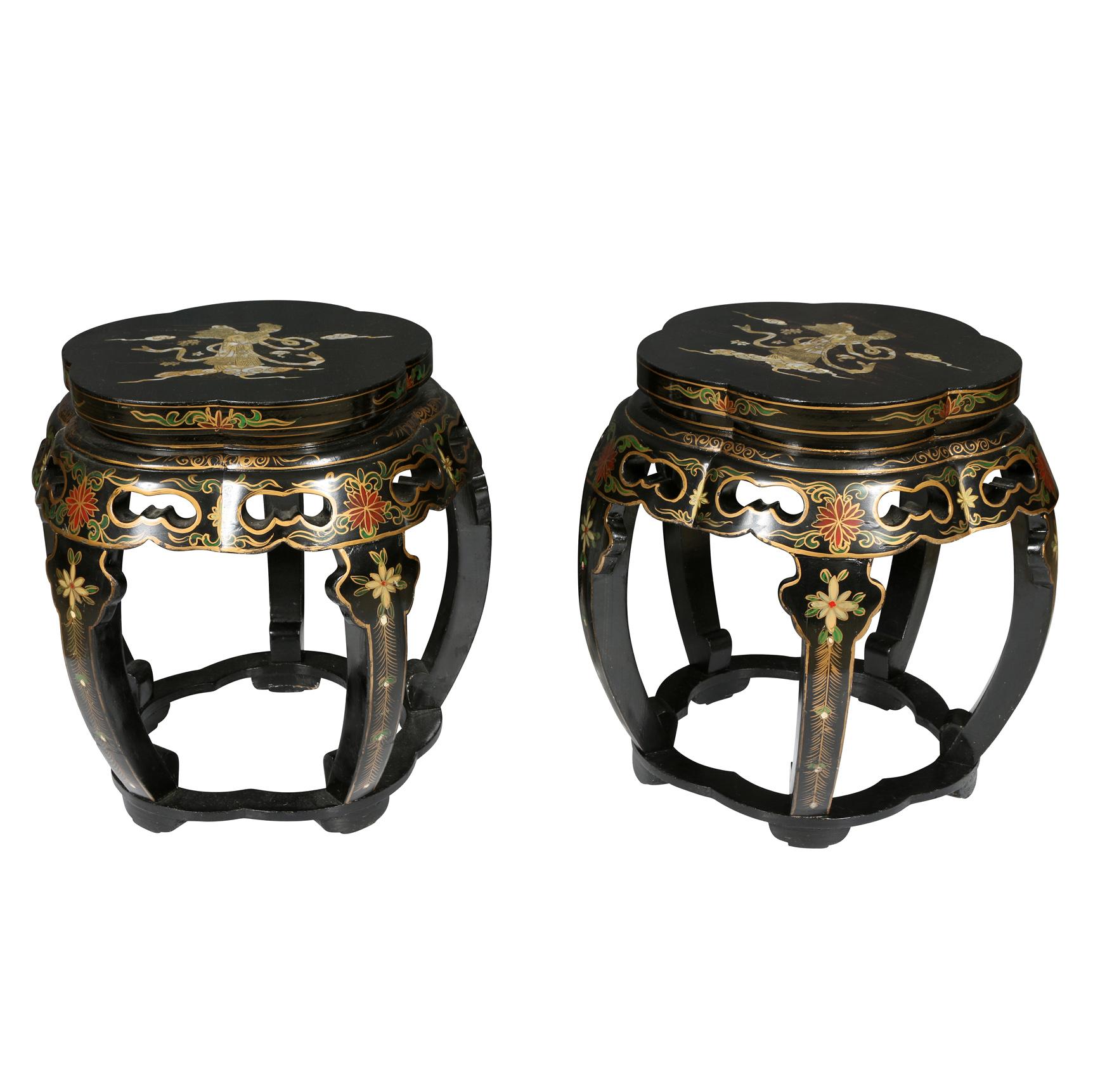 20th Century Pair of Black Lacquered Mother of Pearl Inlay Tabourets