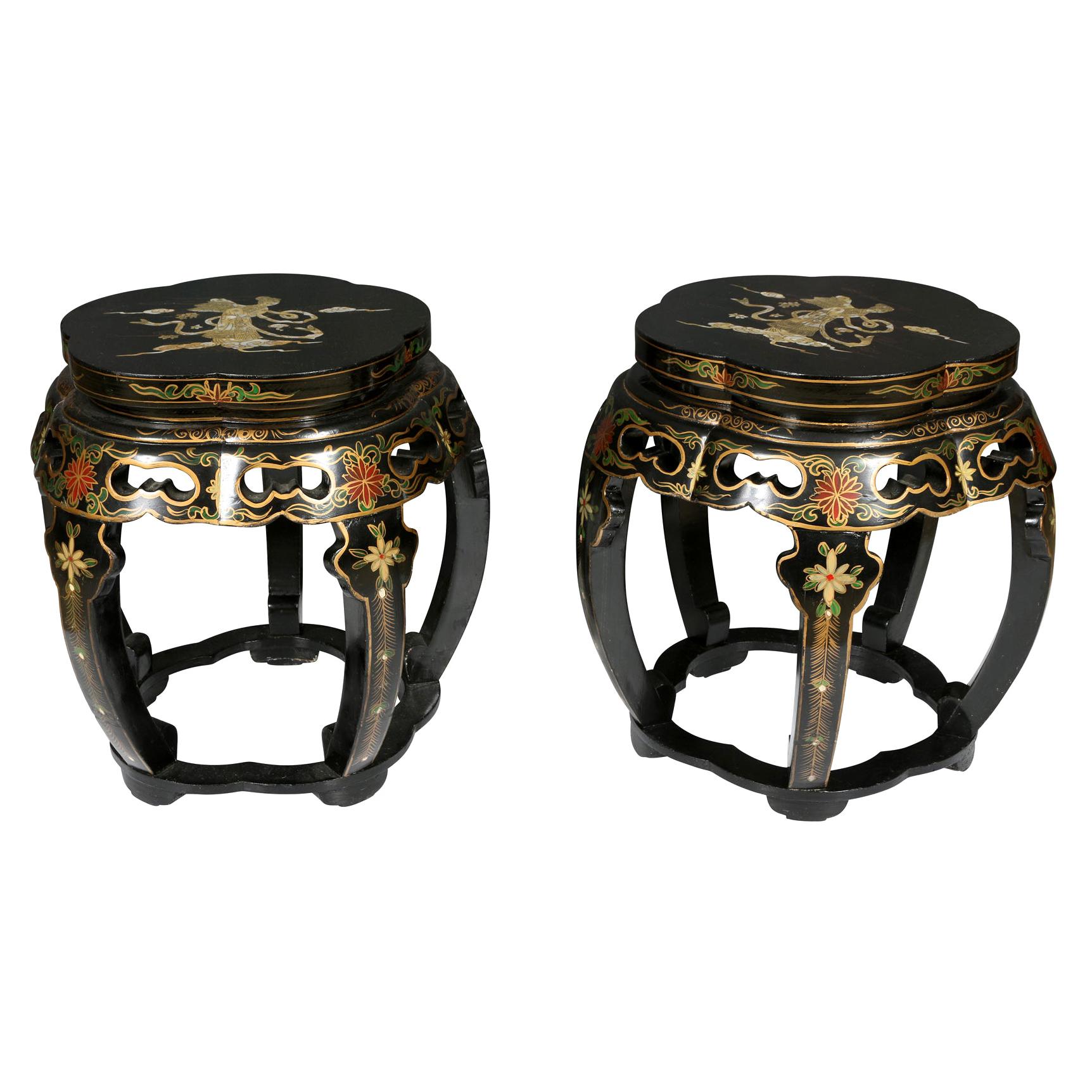 Pair of Black Lacquered Mother of Pearl Inlay Tabourets
