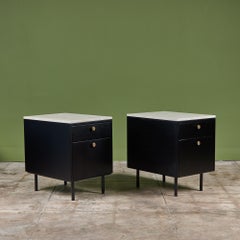 Pair of Black Lacquered Nightstands with Travertine Table Tops