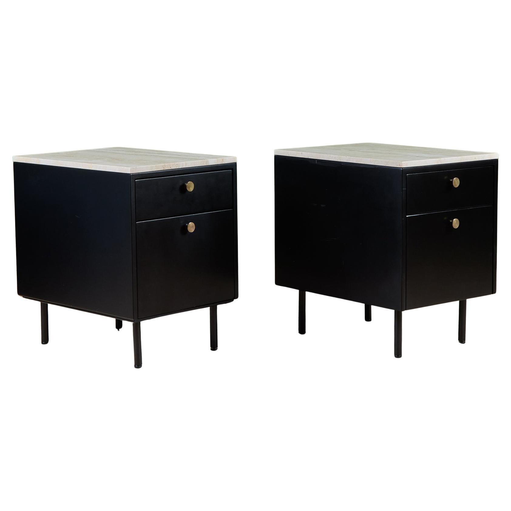 Pair of Black Lacquered Nightstands with Travertine Table Tops