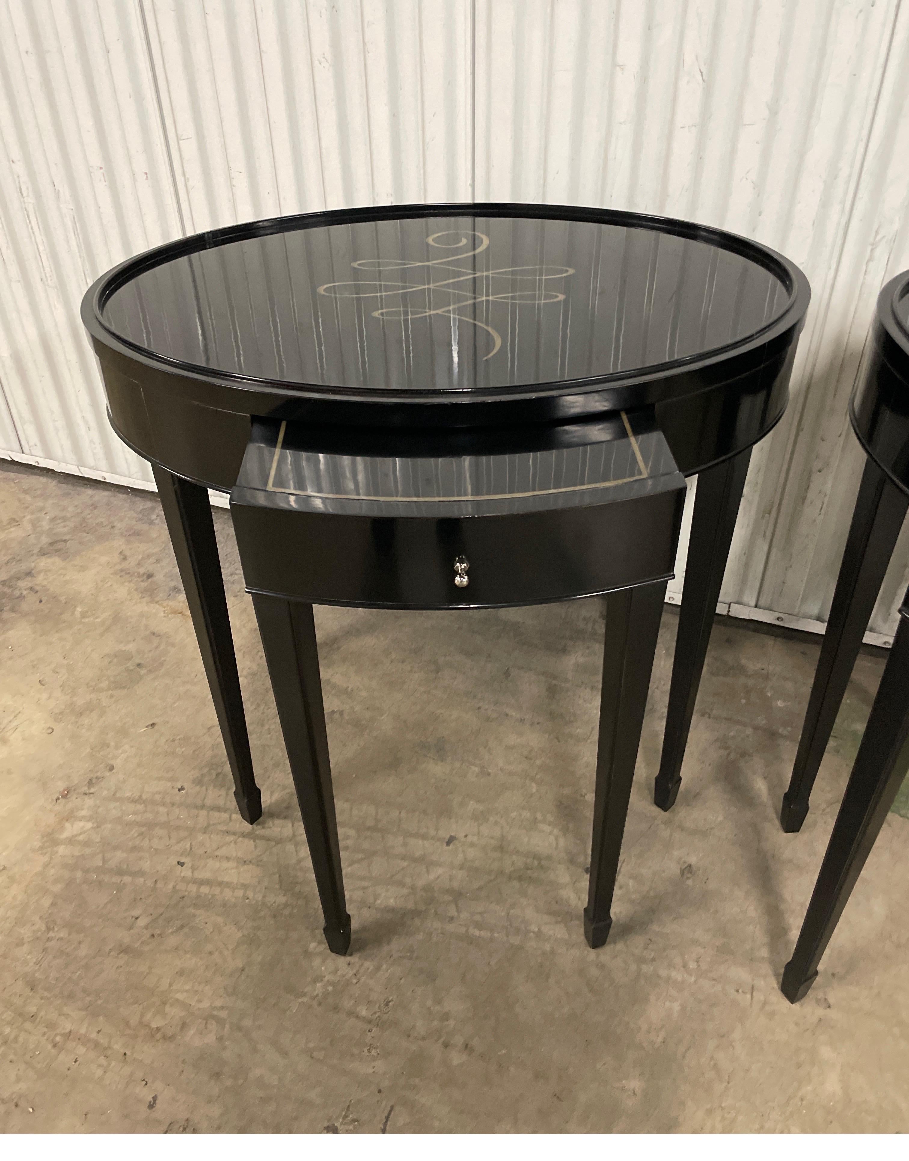 Neoclassical Pair of Black Lacquered Oval End Tables by Barbara Barry for Baker