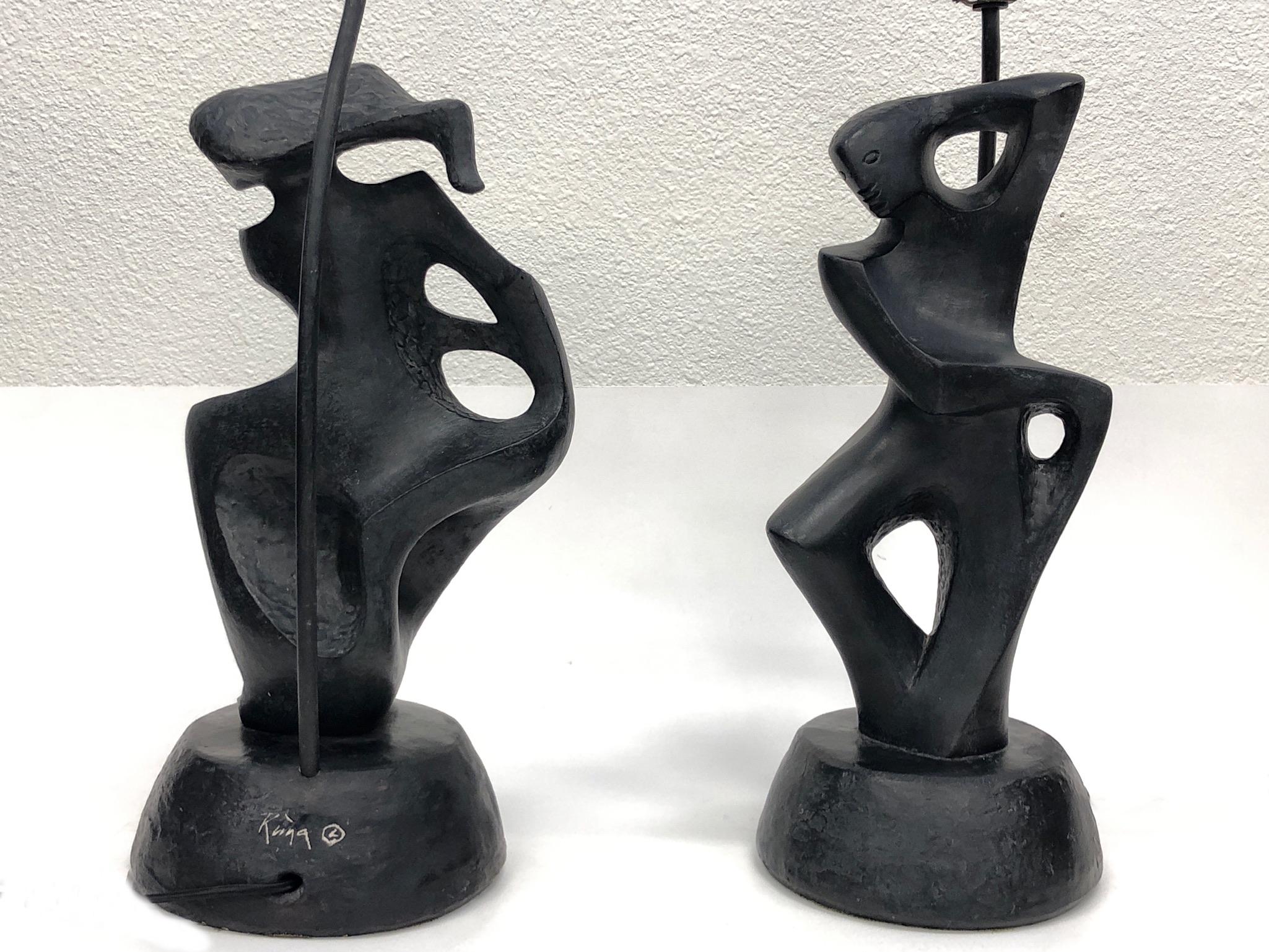 Silk Pair of Black Lacquered Sculptural Table Lamps by Marianna von Allesch for RIMA