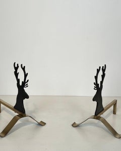 Pair of Black Lacquered Steel and Brass Deer Andirons, circa 1970