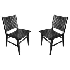 Pair of Black Lacquered Teak Wood Framed Chairs, with Woven Leather Seat