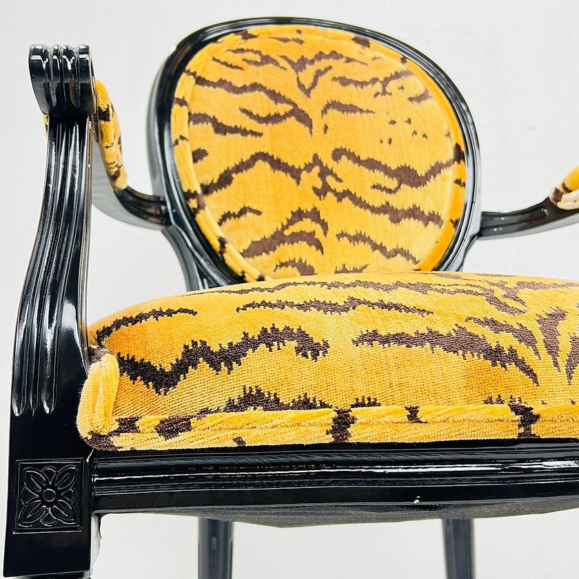 Pair of Black Lacquered Tiger Print Louis XVI Style Chairs 4