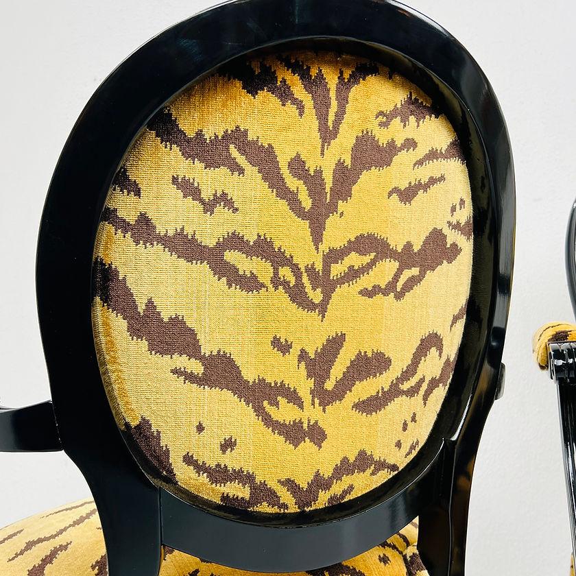 Pair of Black Lacquered Tiger Print Louis XVI Style Chairs 6