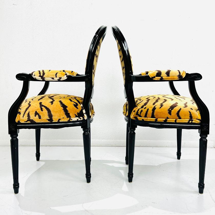 Pair of Black Lacquered Tiger Print Louis XVI Style Chairs In Good Condition In Dallas, TX
