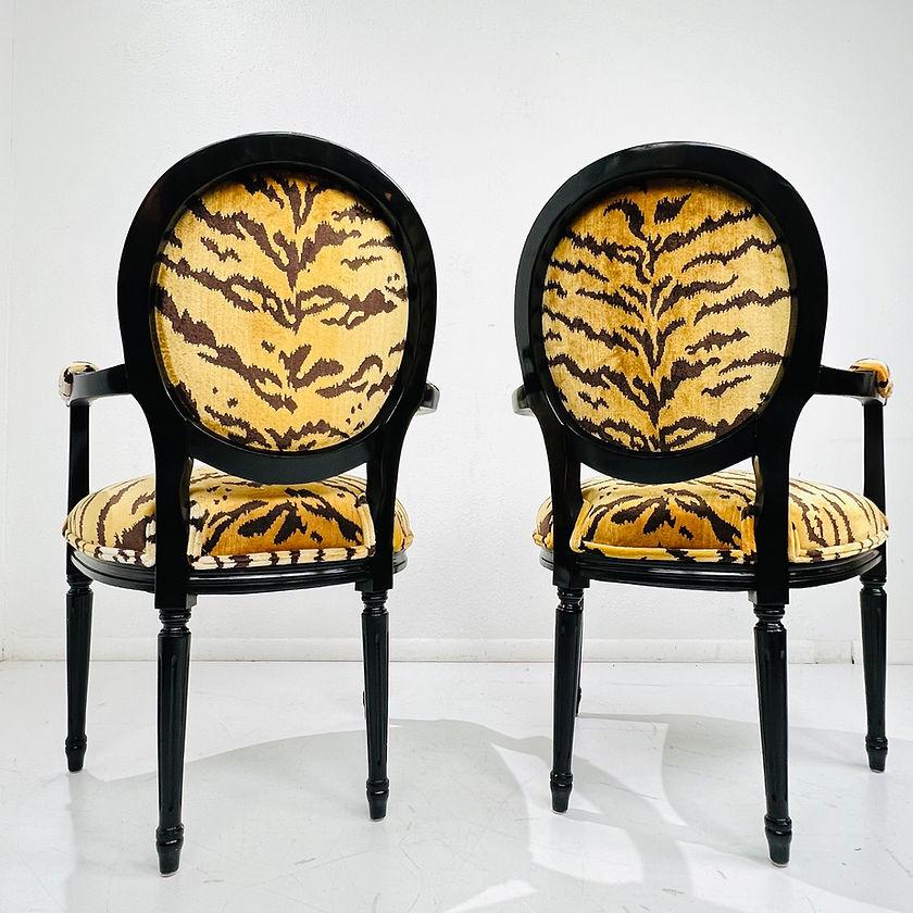 Pair of Black Lacquered Tiger Print Louis XVI Style Chairs In Good Condition In Dallas, TX