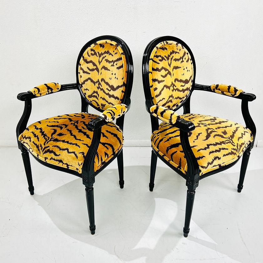 Velvet Pair of Black Lacquered Tiger Print Louis XVI Style Chairs