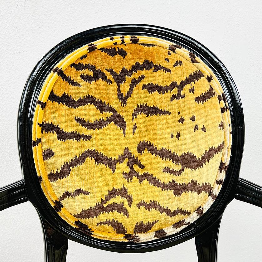 Pair of Black Lacquered Tiger Print Louis XVI Style Chairs 1