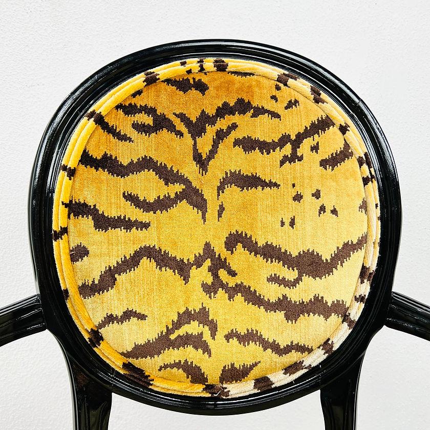Velvet Pair of Black Lacquered Tiger Print Louis XVI Style Chairs