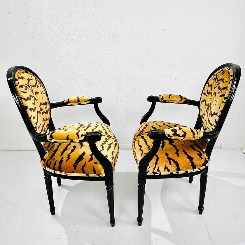 Pair of Black Lacquered Tiger Print Louis XVI Style Chairs 2