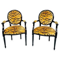 Pair of Black Lacquered Tiger Print Louis XVI Style Chairs