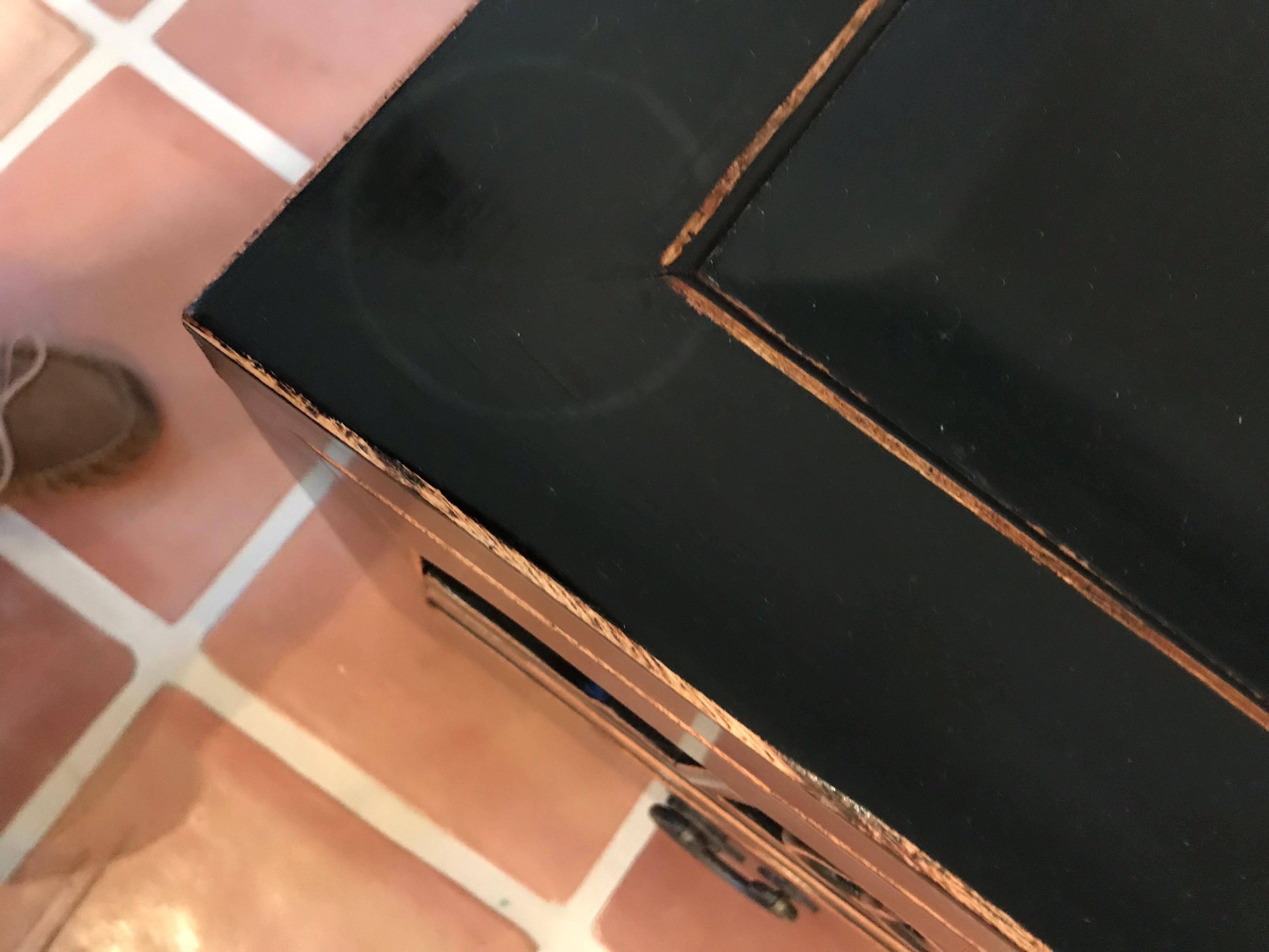 Pair of Black Lacquered Two-Drawer End Tables or Nightstands Asian Inspired In Good Condition For Sale In Chicago, IL