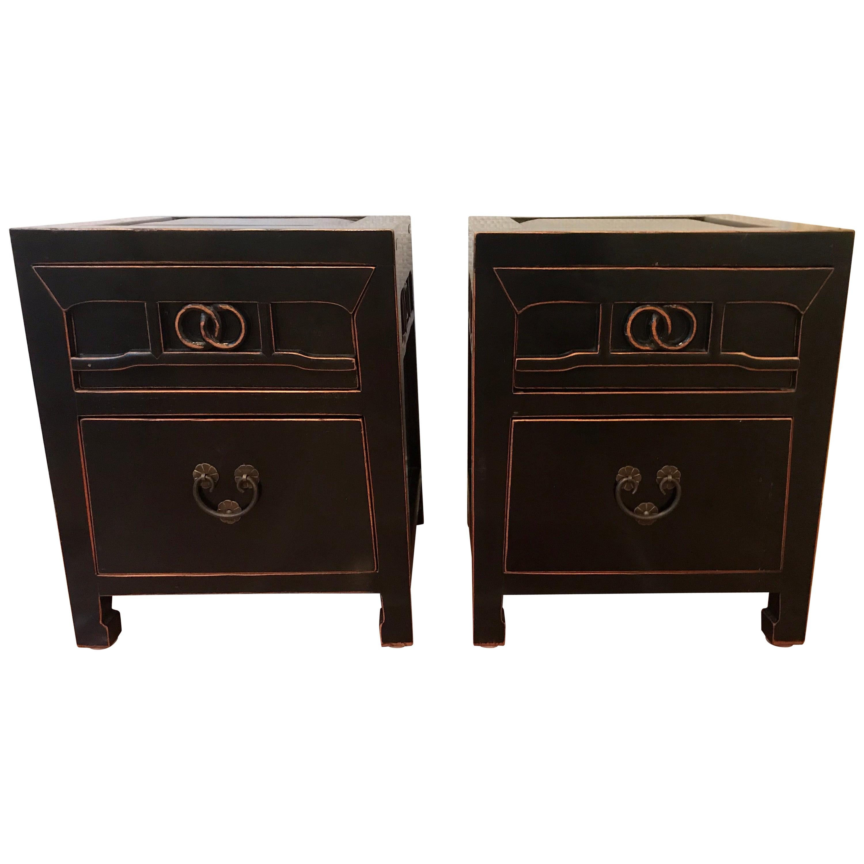 Pair of Black Lacquered Two-Drawer End Tables or Nightstands Asian Inspired For Sale