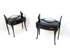 Pair of Vintage Black Lacquered Wood Nightstands with Glass Tops, Italy