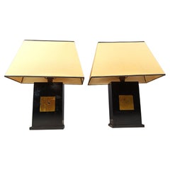 Pair of black lacquered wooden table lamps, 1970s