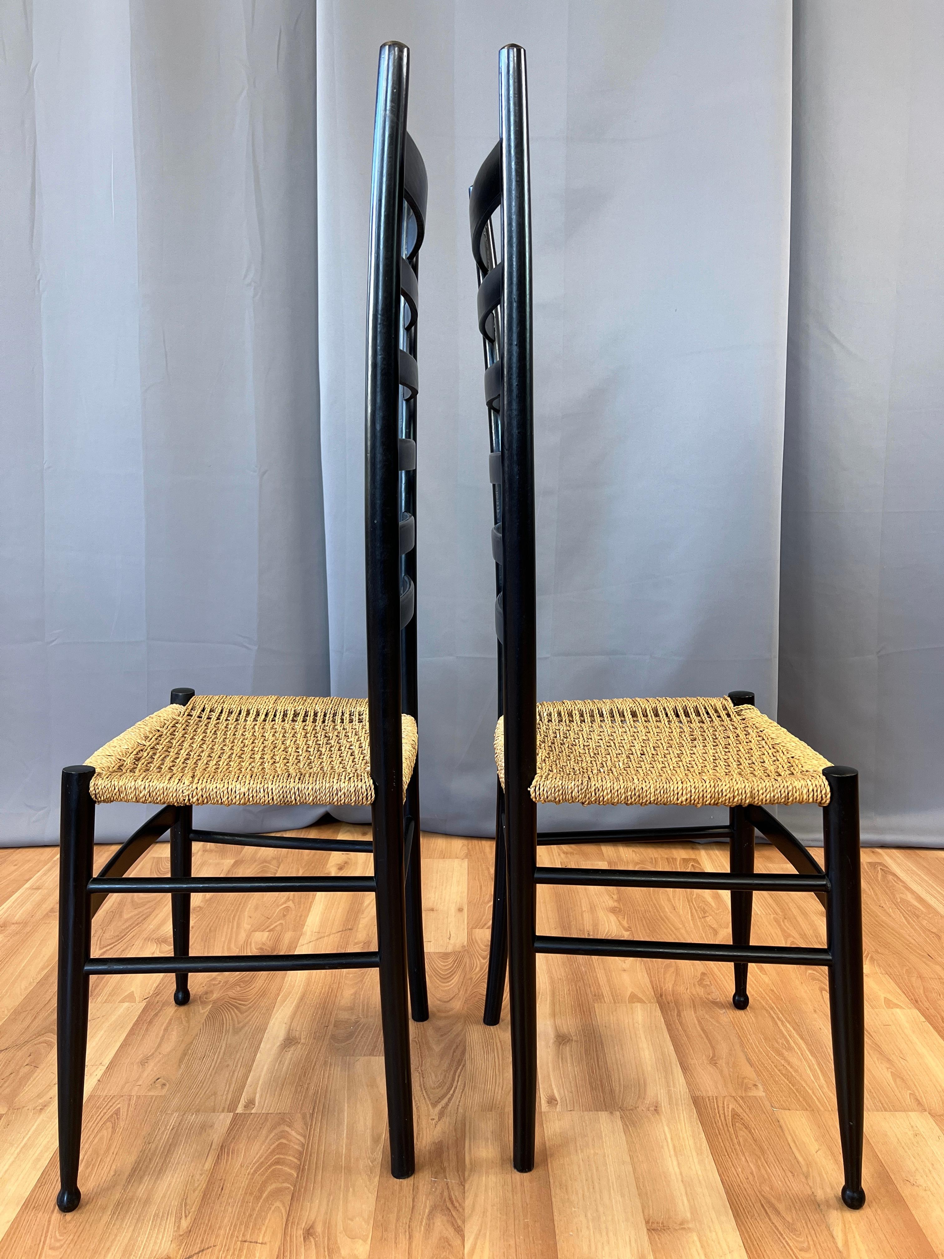 Rush Pair of Black Ladder Back Side Chairs in the Style of Gio Ponti
