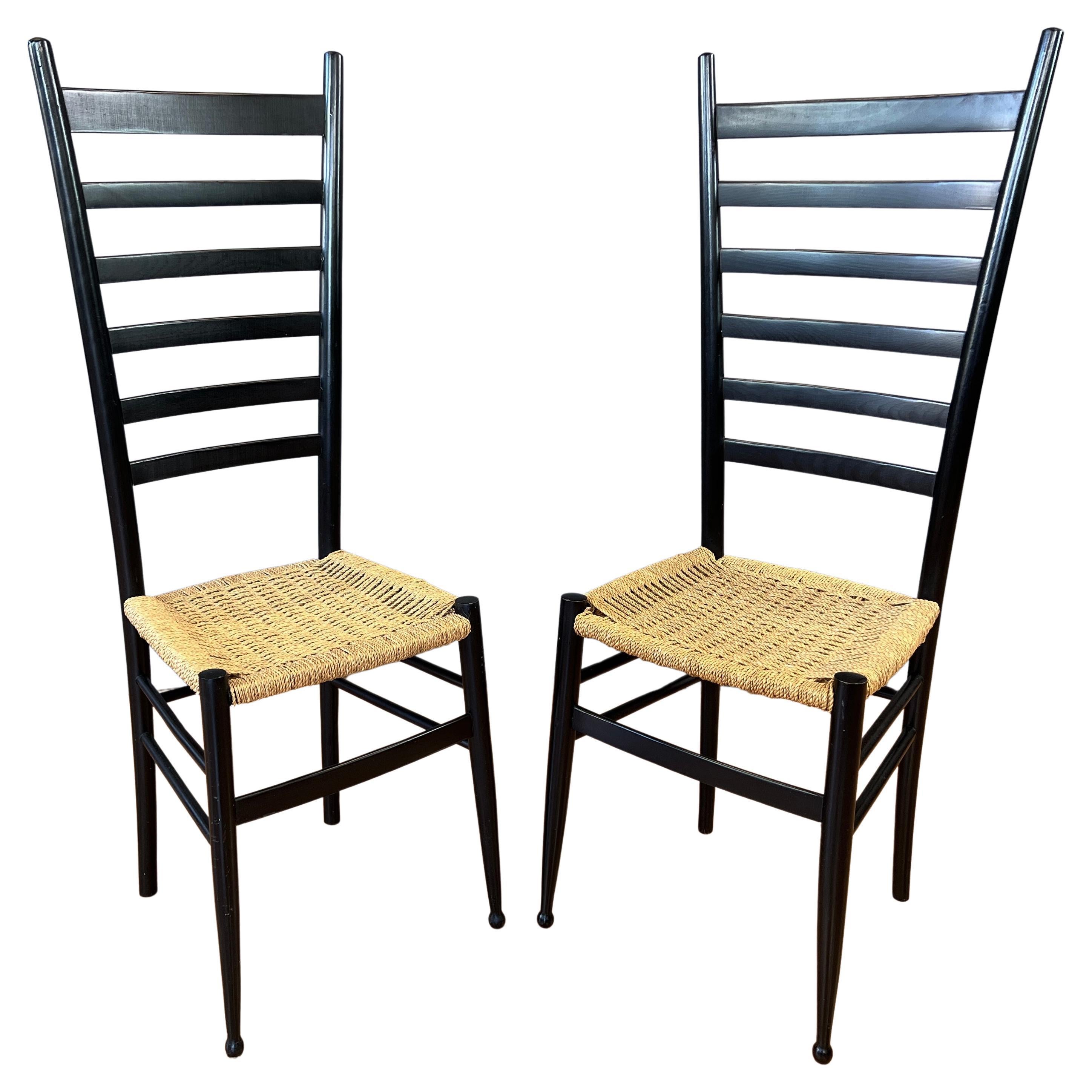 Pair of Black Ladder Back Side Chairs in the Style of Gio Ponti