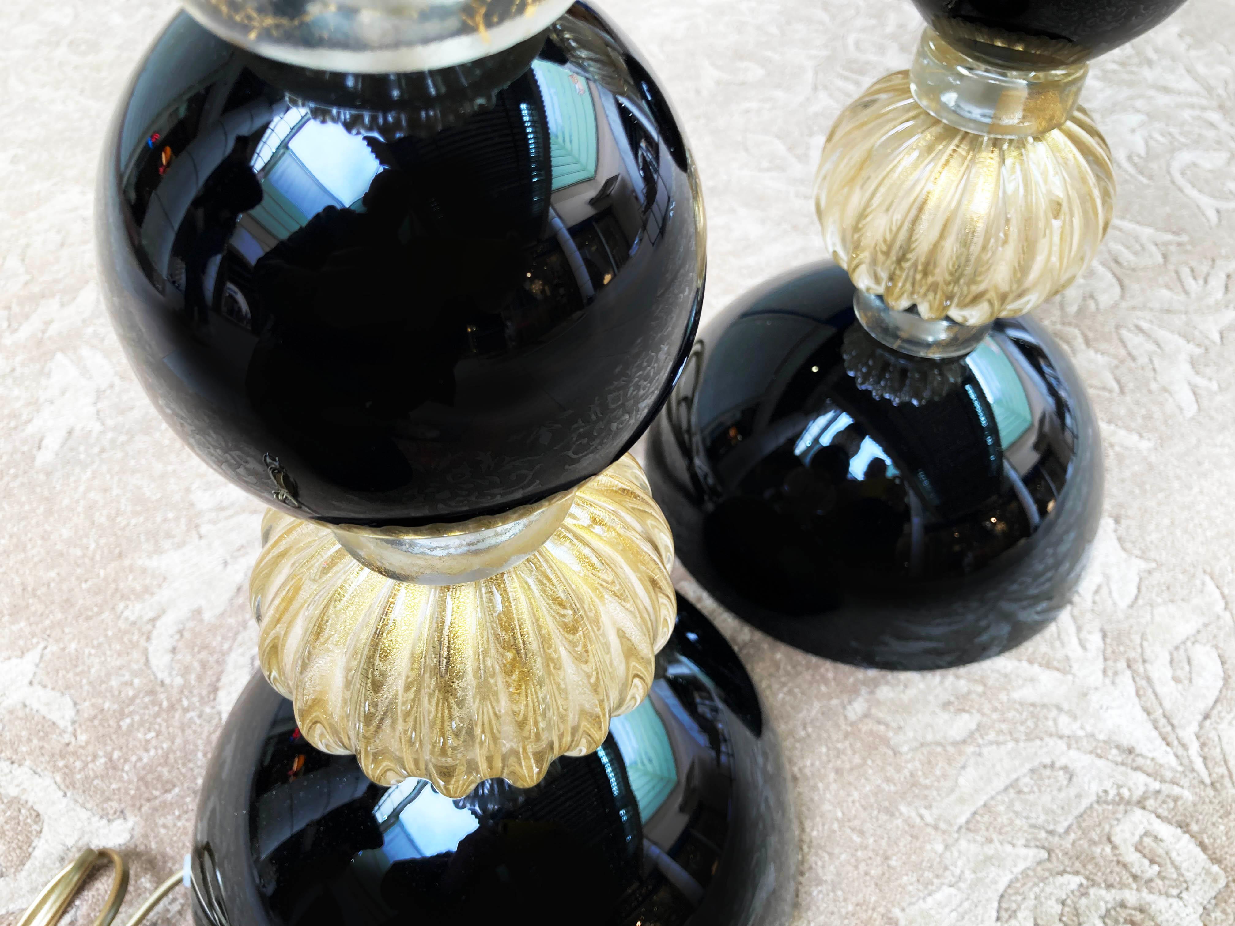 Art Nouveau Pair of Black Lamp Bases, Signed Toso Murano Glass, circa 1980