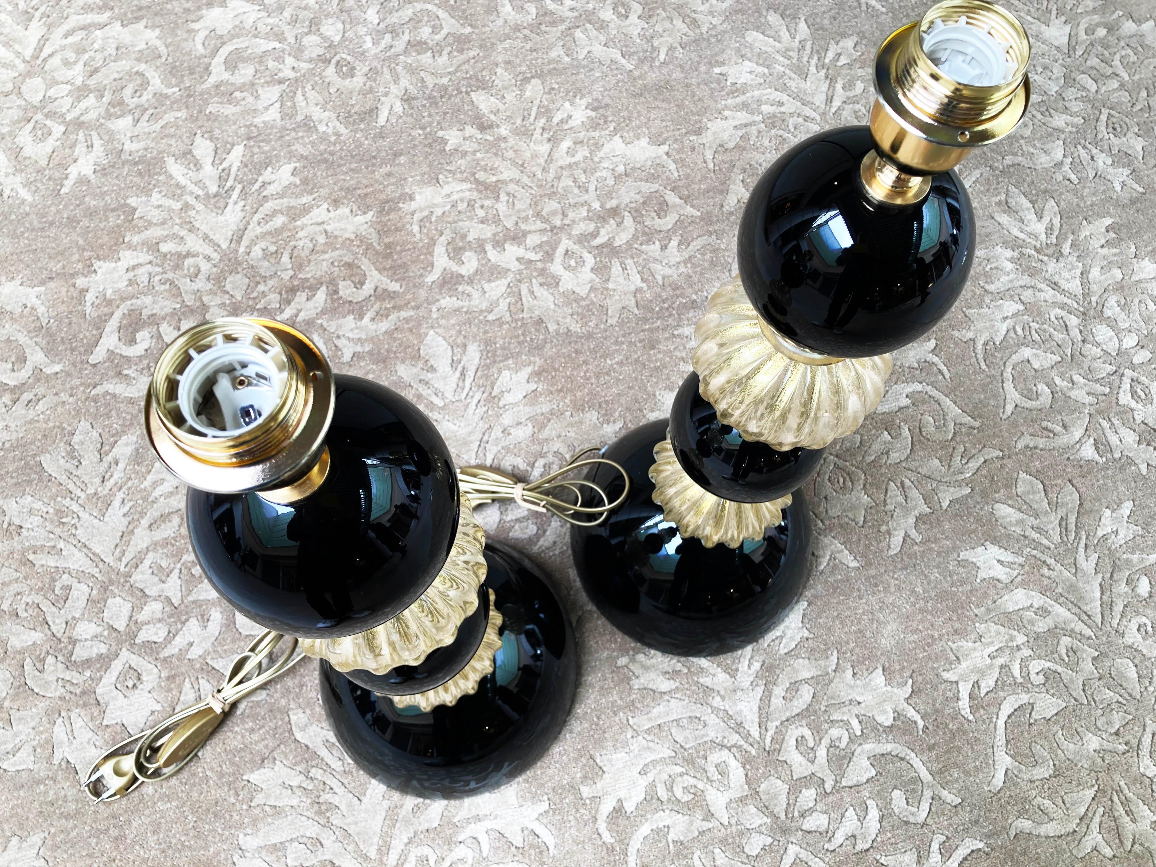 Pair of Black Lamp Bases, Signed Toso Murano Glass, circa 1980 In Good Condition In Saint ouen, FR