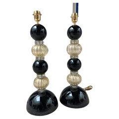 Pair of Black Lamp Bases, Signed Toso Murano Glass, circa 1980