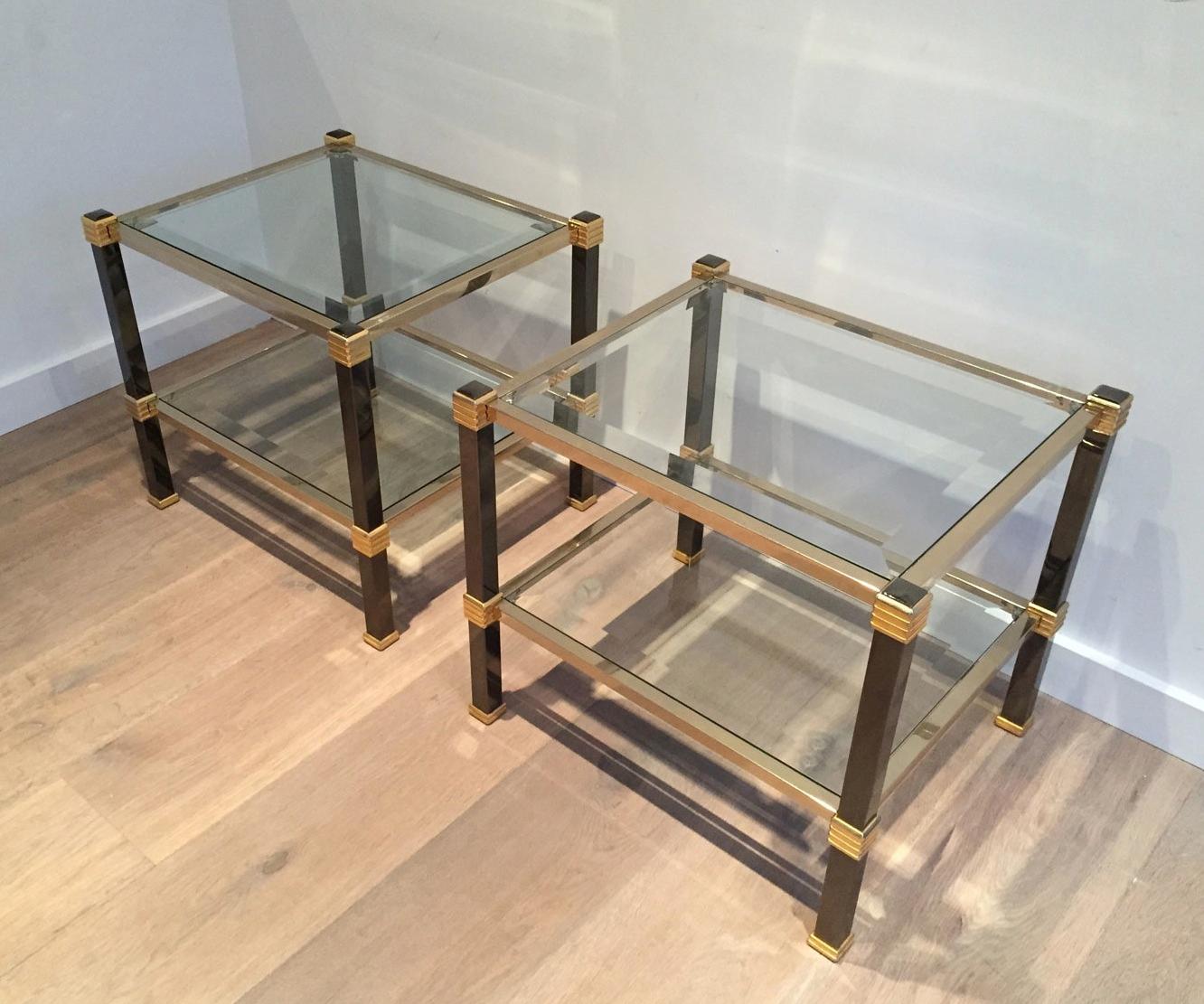 Metal Pair of Black Laquered and Gild Side Tables, Circa 1970