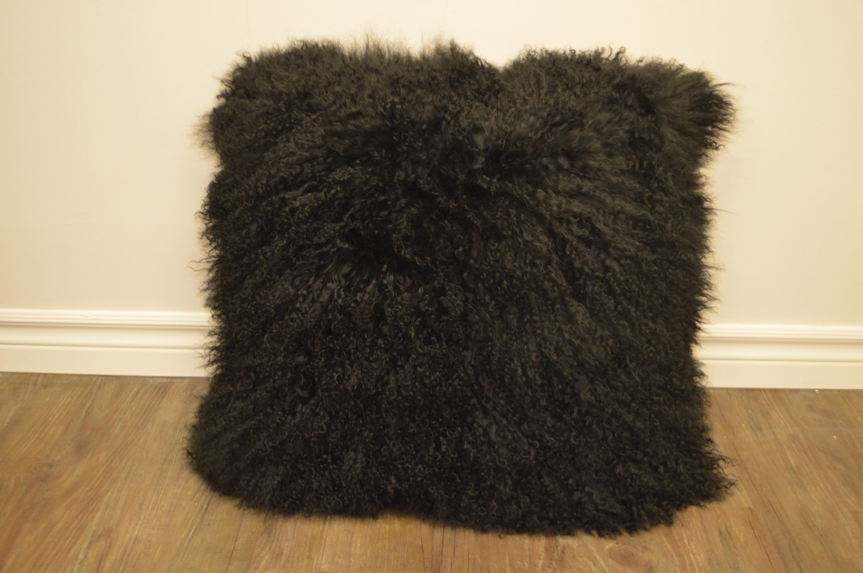 Mid-Century Modern Pair of Black Large Curly Lamb's Wool Skin Made into a Pillows For Sale
