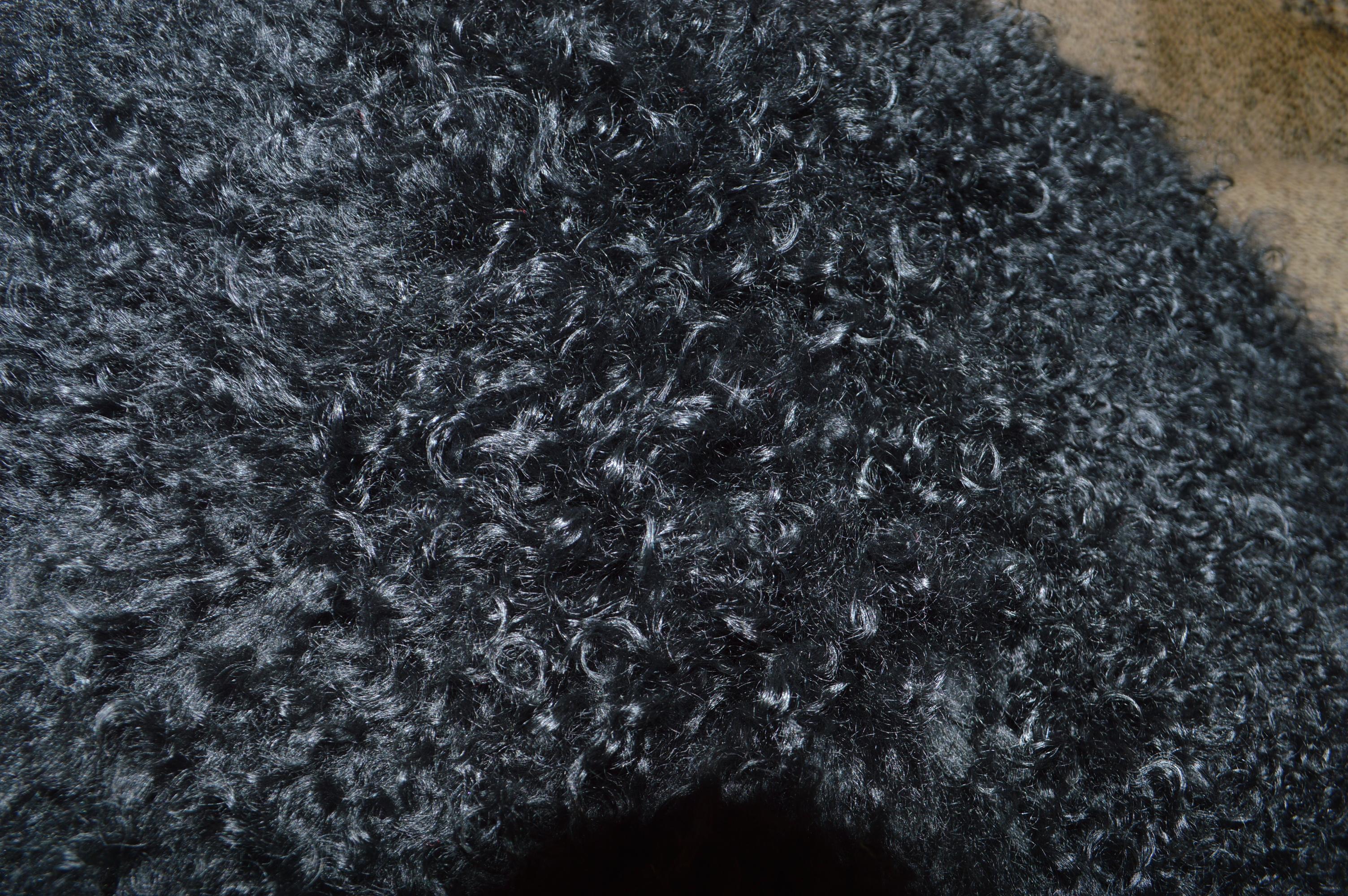 Dyed Pair of Black Large Curly Lamb's Wool Skin Made into a Pillows For Sale