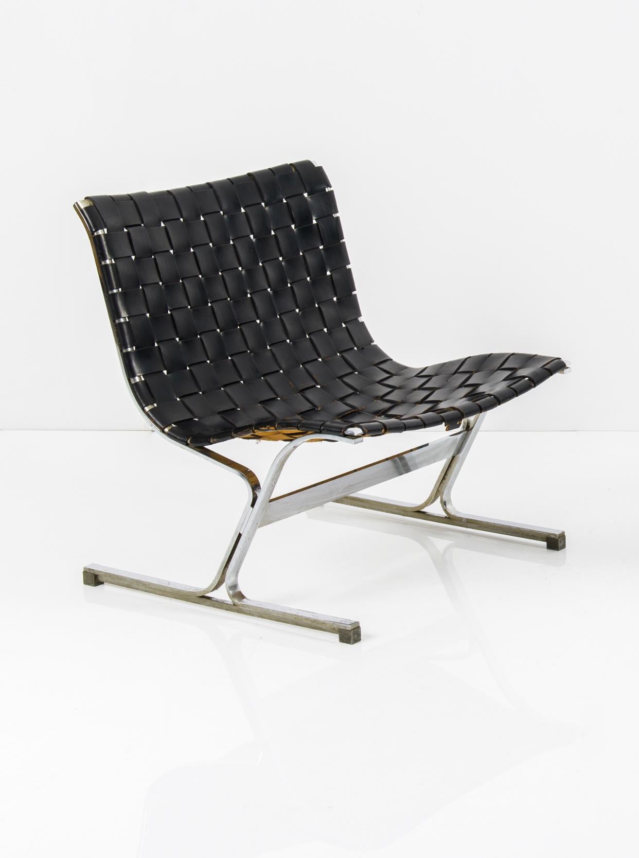 Italian Pair of Black Leathear Lounge Chairs Designed by Ross Littel