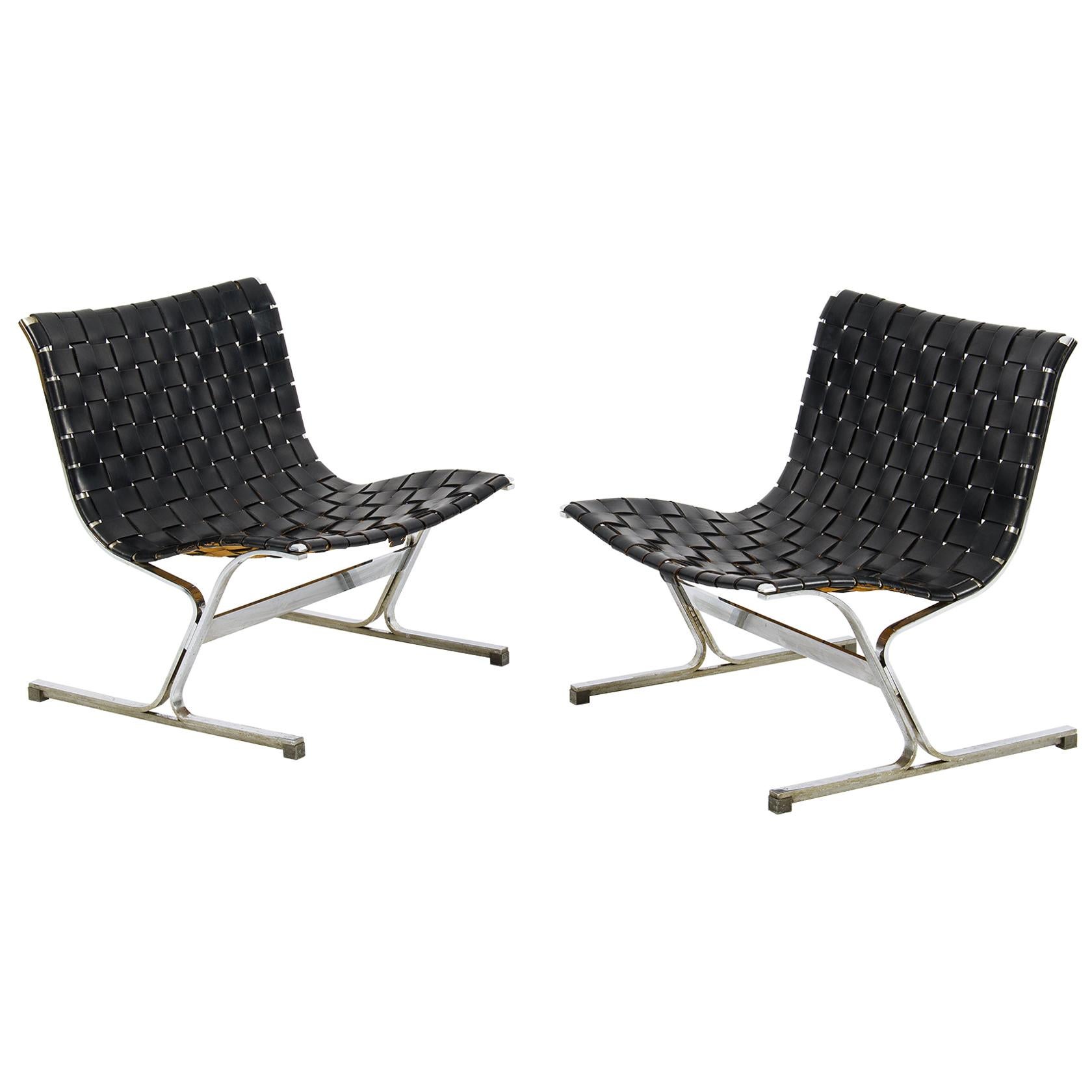 Pair of Black Leathear Lounge Chairs Designed by Ross Littel
