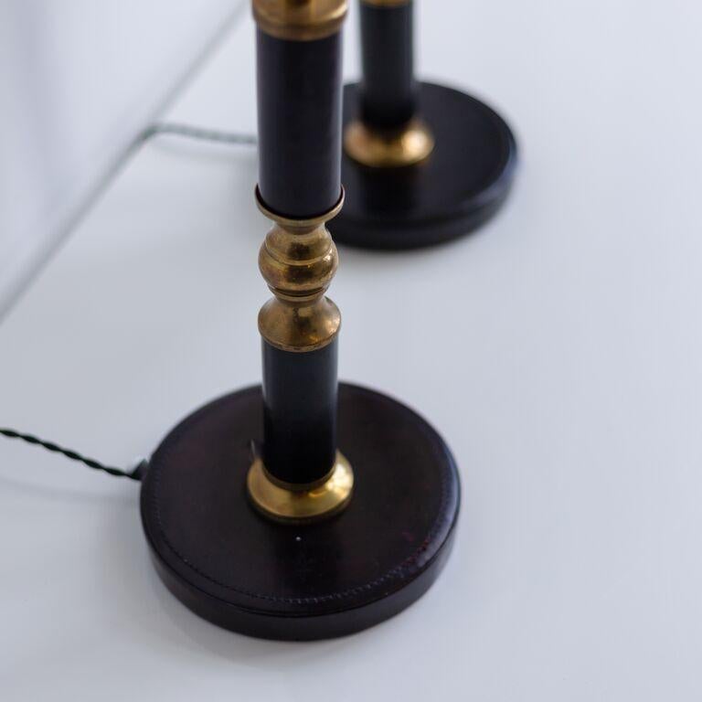 Pair of Black Leather and Brass Lamps by Jacques Adnet 6