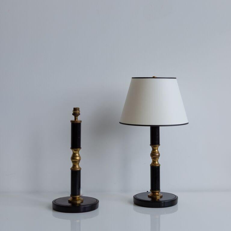 Pair of Black Leather and Brass Lamps by Jacques Adnet 5